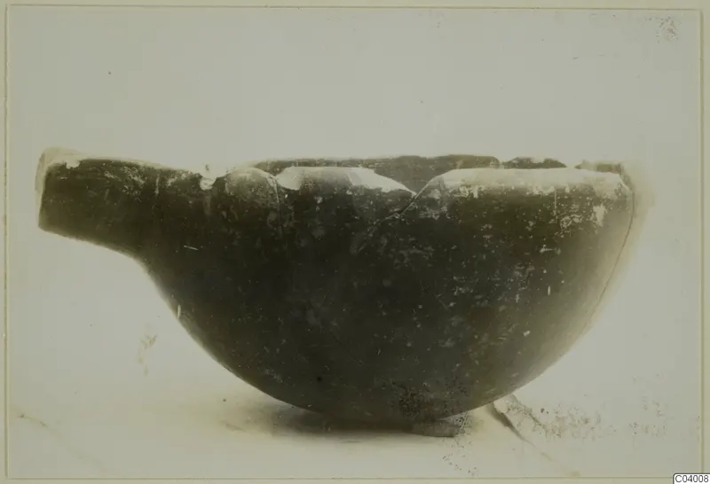 Pottery Red Polished II bowl from Lapithos, with a horizontal handle projecting to the left