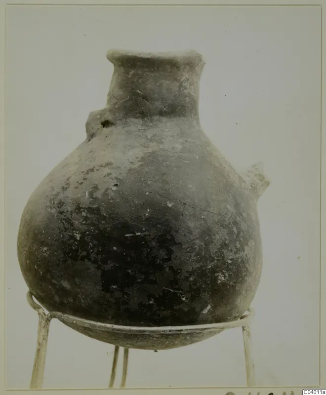 Pottery Red Polished III jug from the Vrysi tou Barba tombs at Lapithos, standing on a wire stand.
