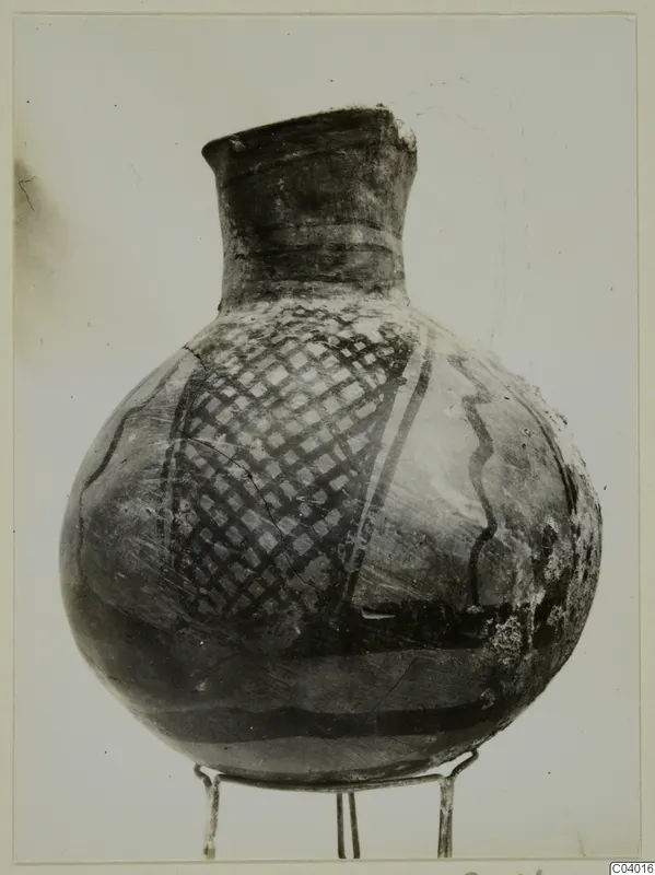 Globular vessel with a narrow neck and painted lattice and band decoration, White Painted I-II ware from Lapithos