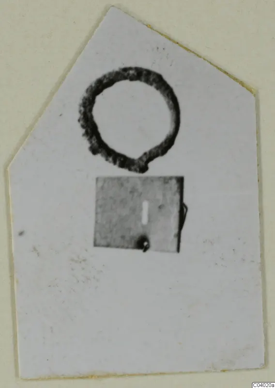 Two bronze objects, a corroded ring and a small rectangular plate with a loop, photographed on a card