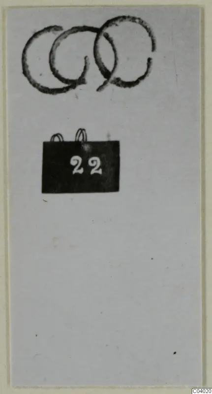 Three dark overlapping ring-shaped marks above a small black number label on a grey card