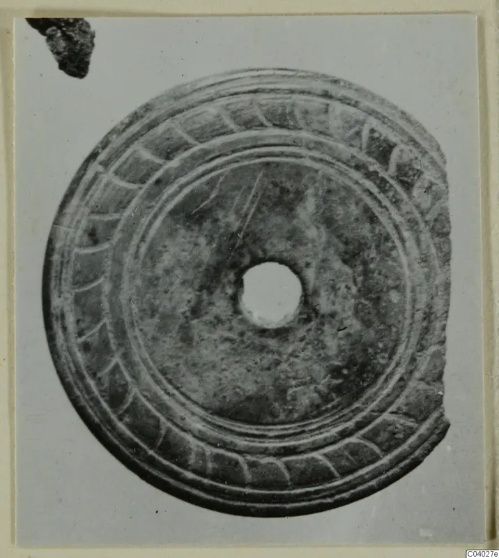 Disc-shaped object with a central hole and a ridged, segmented rim, photographed face-on