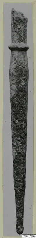 Bronze weapon: a long, corroded metal blade with a raised collar near the top.