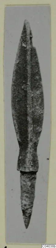 Bronze weapon from Idalion: a corroded leaf-shaped blade with a central ridge and narrower lower section