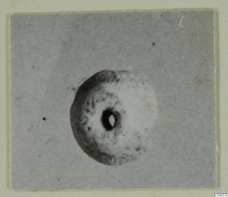 Small ring-shaped object with a central hole, shown in a photograph mounted on a cream card border