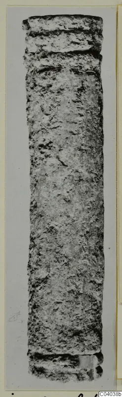 Long, rough cylindrical bone find from Idalion, photographed upright against a pale card.