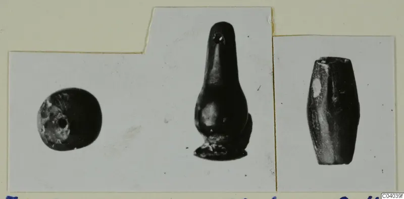 Three small dark objects shown side by side on a mounted photograph card
