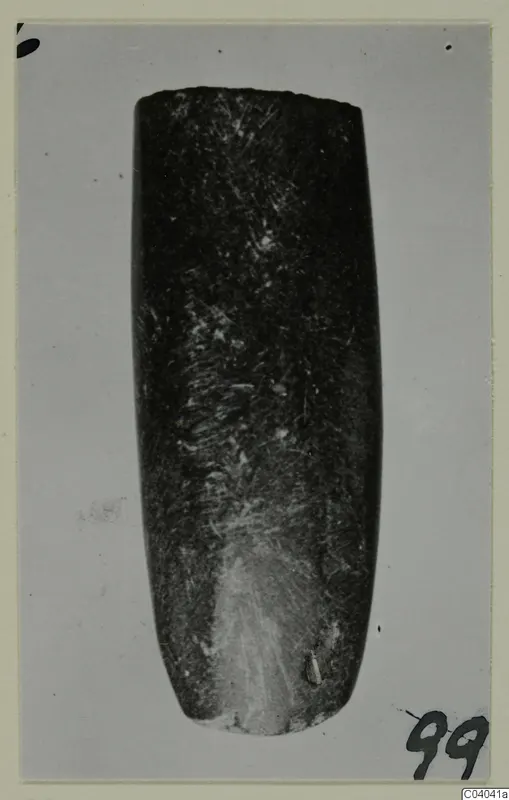 Elongated dark polished stone object, tapering towards its lower end, photographed against a pale grey background