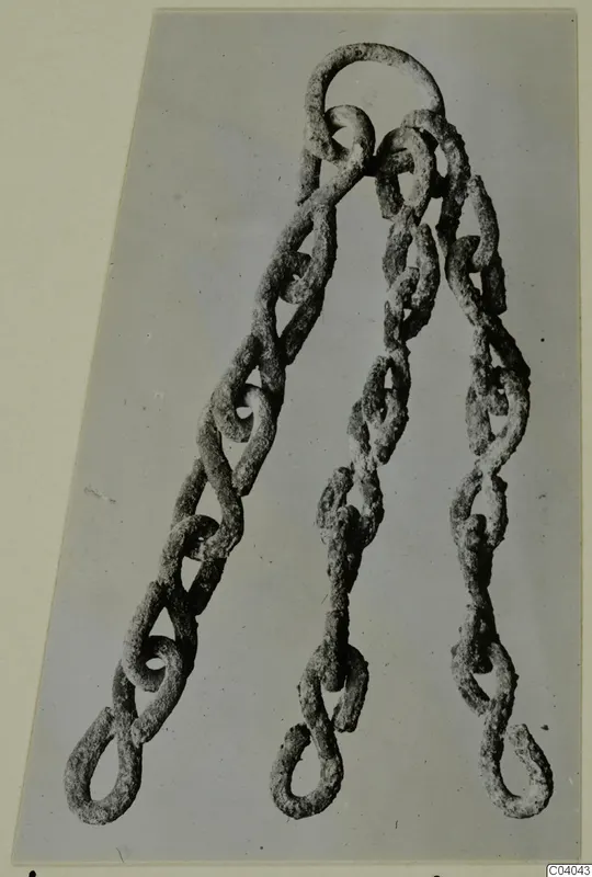 Corroded metal chain with a ring at the top and three branches ending in loops, laid flat on a grey backing