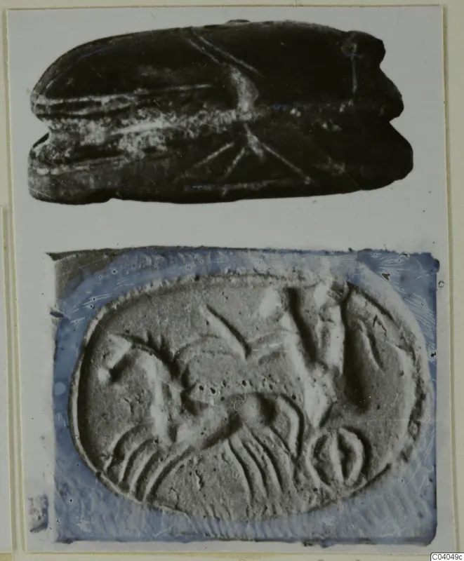 Dark scarab-shaped seal in stone above an oval seal impression with incised design, on a mounted photograph.