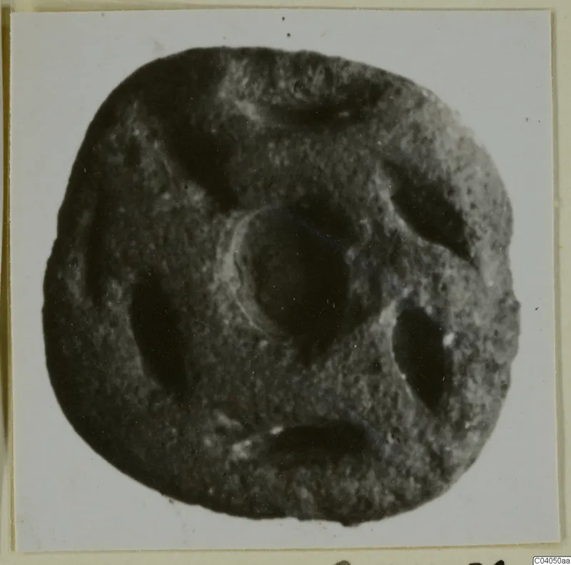 Glyptic object of stone with a rounded square outline, a central circular recess and four elongated hollows.