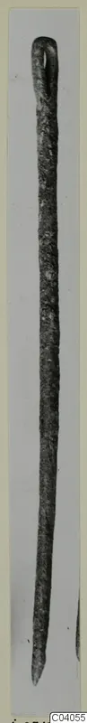 Long slender corroded metal object with a looped top and pointed tip, photographed upright, from Idalion.