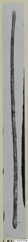 Long slender bronze rod with rounded ends, photographed upright against a grey background