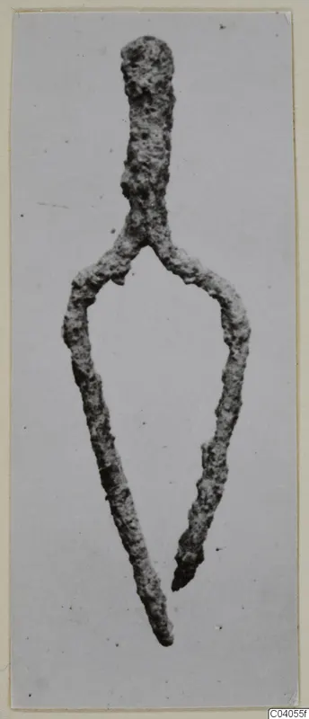 Corroded metal fragment from Idalion, a stem splitting into two long arms, shown flat against a pale background