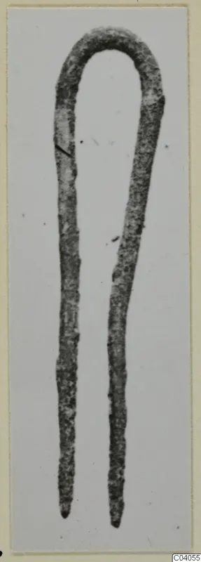 Bronze personal adornment from Idalion: a corroded metal pin bent into a loop with two tapering prongs