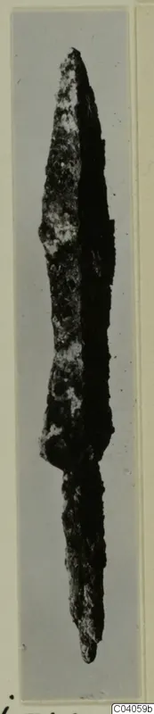 Corroded iron blade, pointed at the top and tapering at the bottom, photographed upright against a grey background.