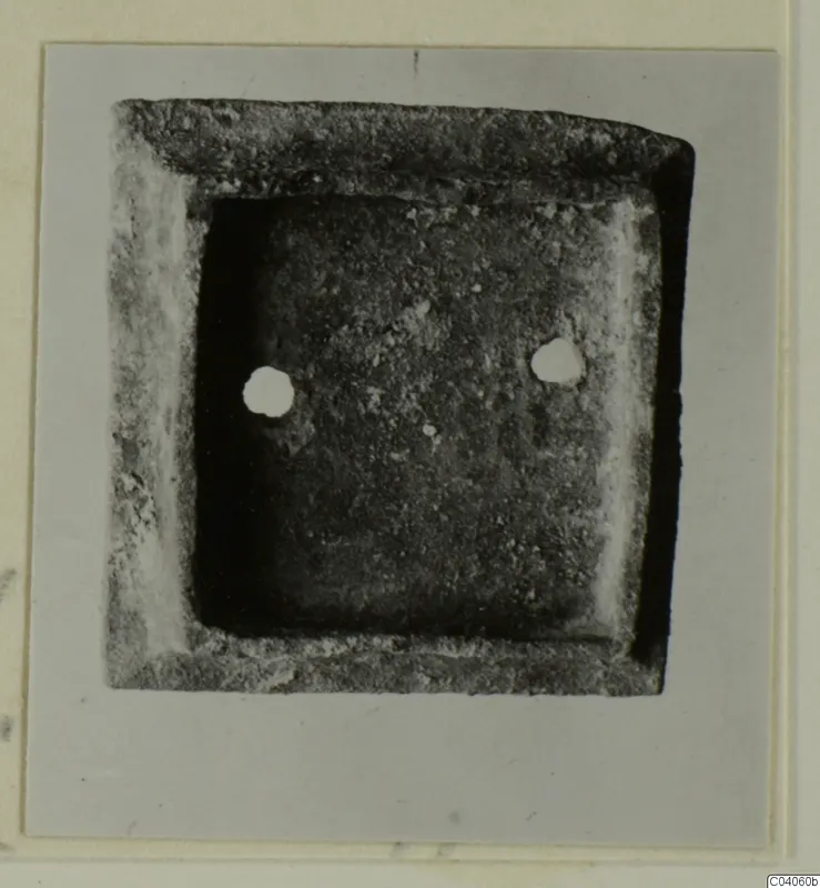 Square fragment with a raised rim, from Idalion, seen from above on a mounted card.