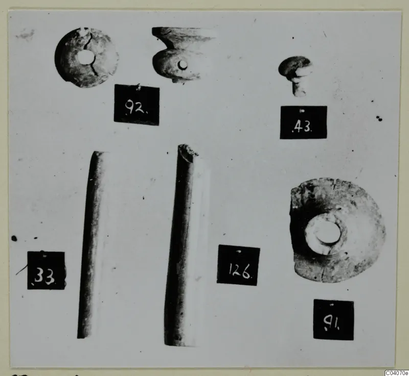 Bone objects from Enkomi, including ring-shaped pieces and two long tubular pieces, with number labels.