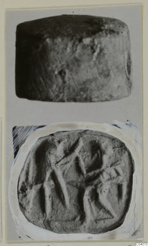 Stone cylinder seal shown in side view, with its engraved face in close view below