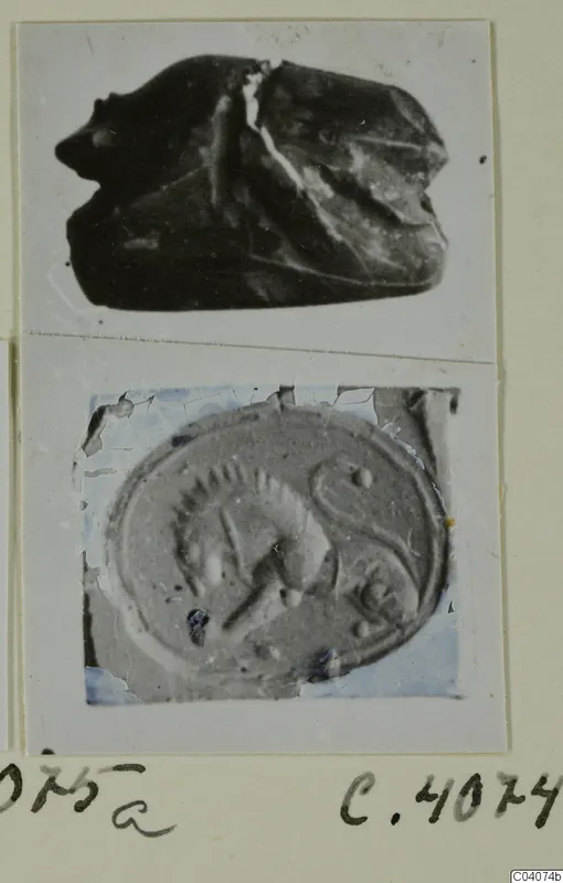 Two photographs of glyptic finds: a dark stone seal and an impression of a seal showing an animal figure