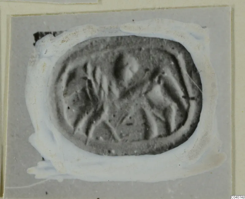 Impression of an oval seal or gem with incised linear design, shown on a grey card
