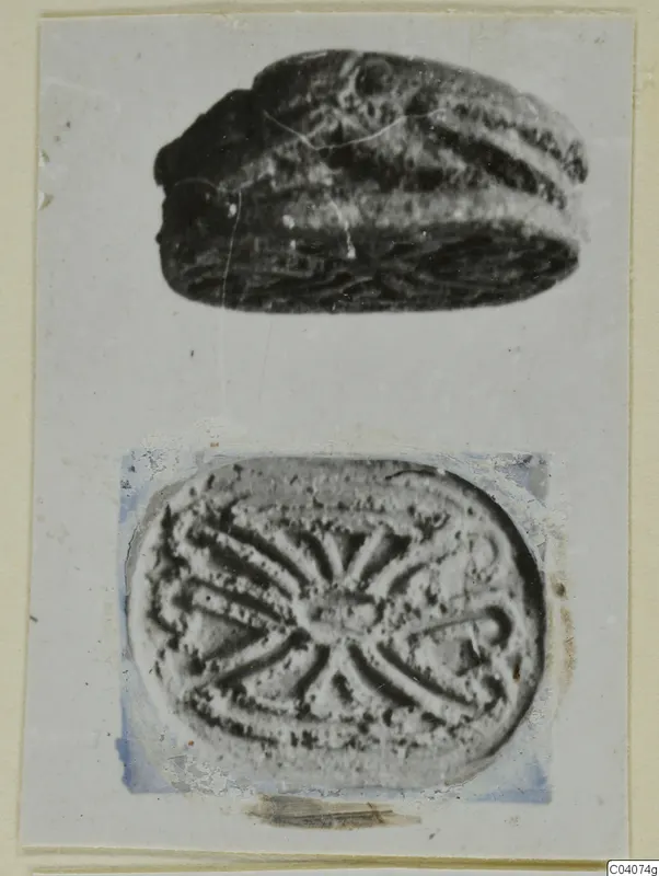 Two photographs of a stone scarab seal: the rounded back in side view and the flat base with an incised design