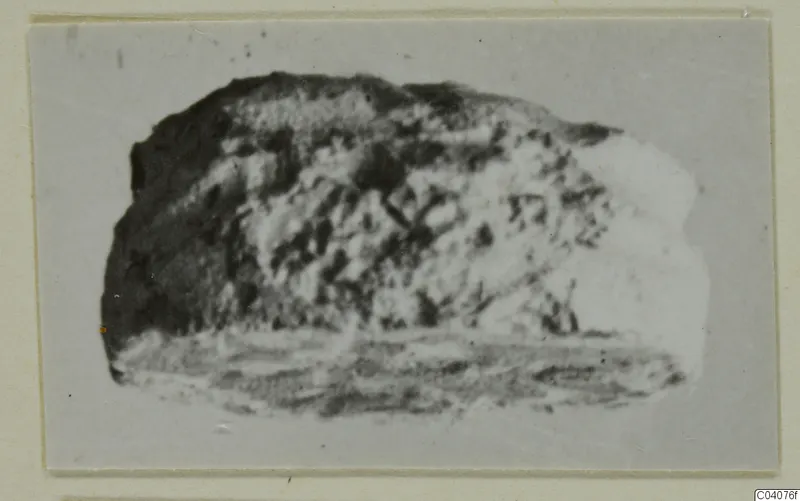 Blurred photograph of a rounded stone object from Ayia Irini, mounted on a grey card with a cream border