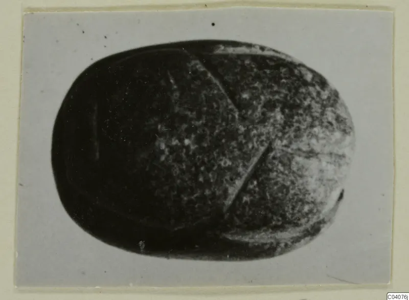 Scarab-shaped gem from Ayia Irini, photographed close up on a grey card.
