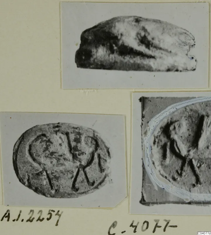 Three photographs on a card of a small stone scarab seal: a side view and two views of its engraved base