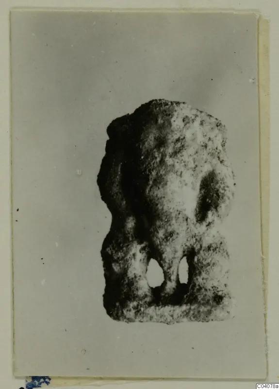 Rough stone object with two holes near its base, photographed on a card mount