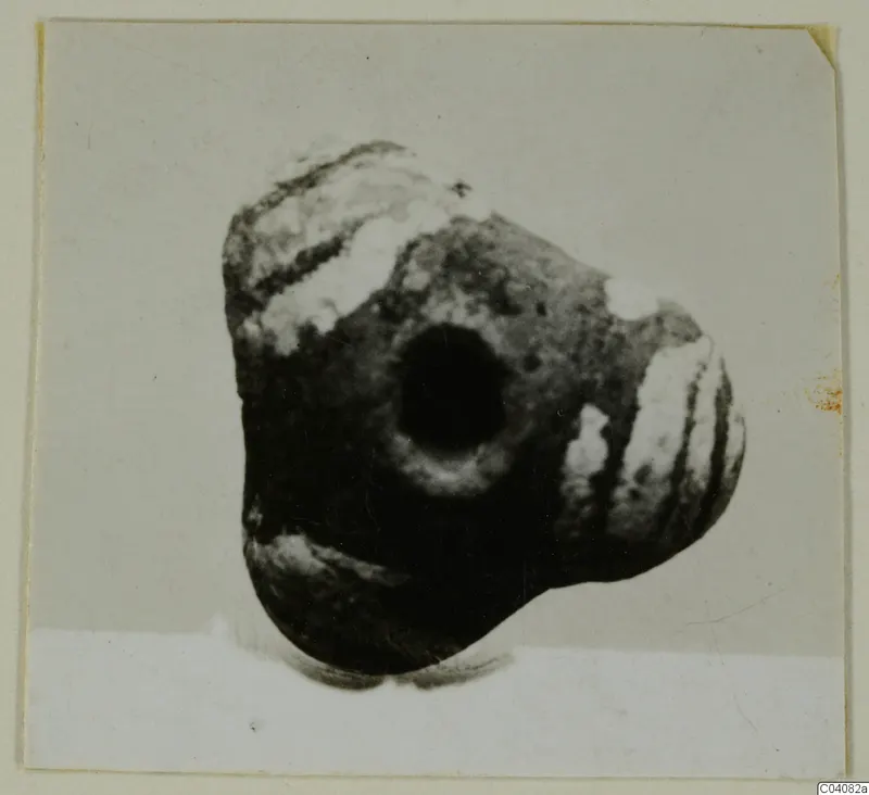 Dark perforated object, possibly a bead, with pale banded markings, photographed against a light background