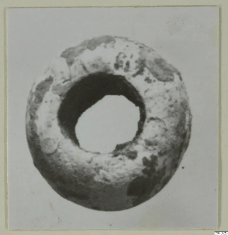Ring-shaped bead, pale grey with dark patches and a large central hole, photographed face-on