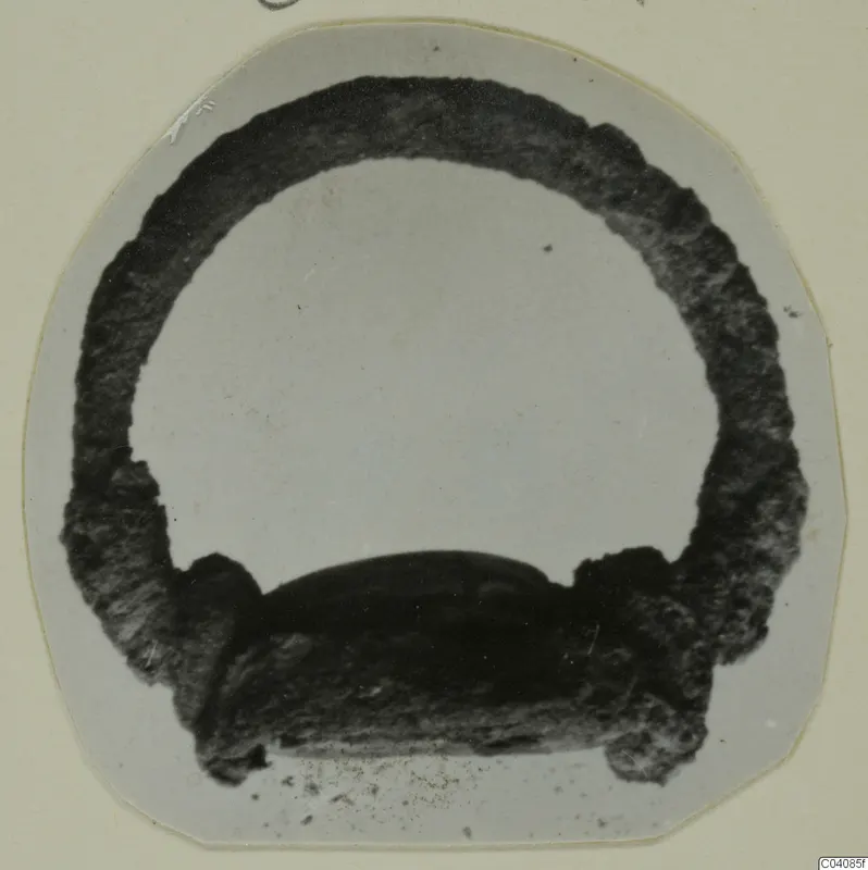 Corroded metal ring from Marion, shown as a dark arched loop on a pale mount