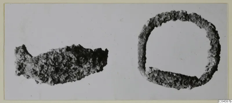 Two corroded silver objects from Marion: an elongated fragment and a ring, shown on a pale background.