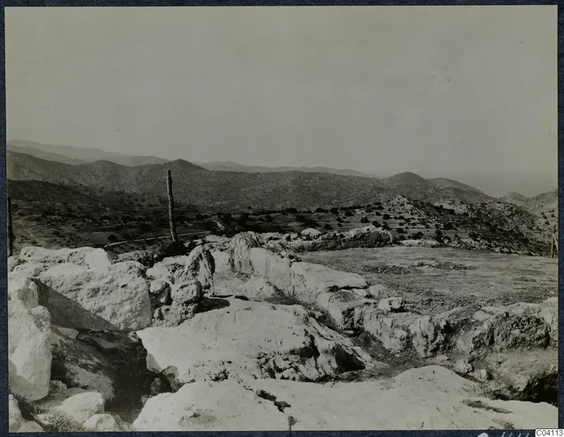 Large limestone blocks and low wall remains in the foreground, with wooded hills and a distant sea beyond, at Vouni.