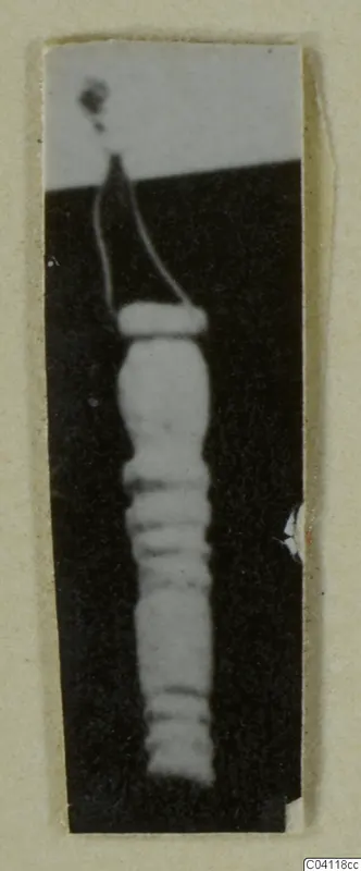 Find from Amathus T. 2-26: a slender grooved object with a ring collar and a loop at the top, shown against black.