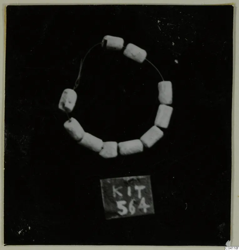 Bracelet of about ten pale cylindrical beads strung on wire, shown on a black background with a number label below.