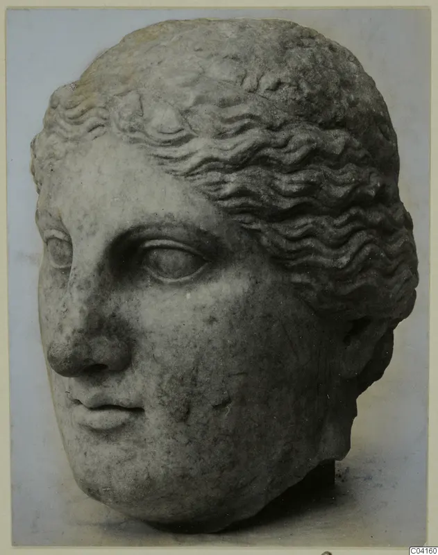 Marble head with wavy hair, face turned toward the viewer's left