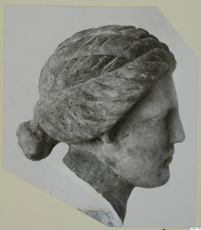 Marble head of a female figure in profile facing right, with hair drawn back in waves and a bun at the nape.