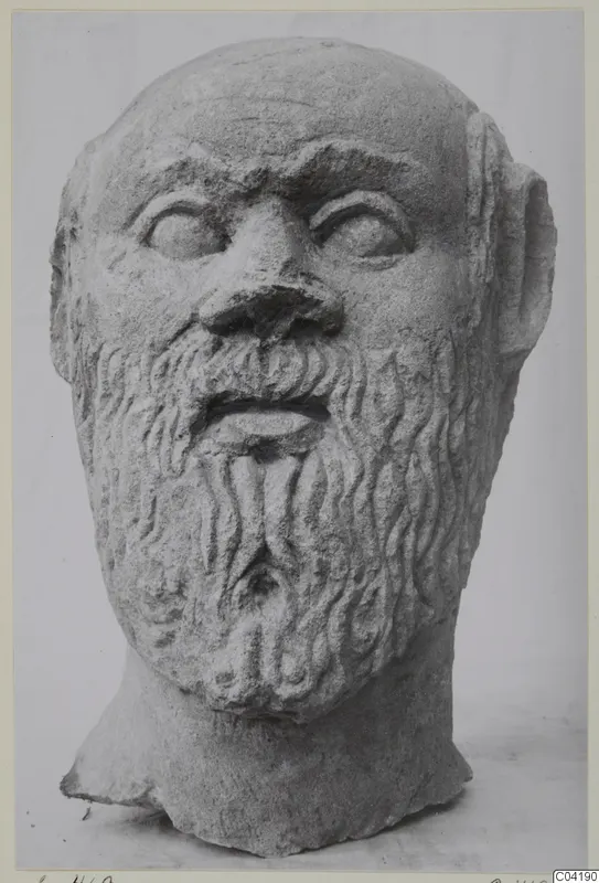 Stone head statue from Soli showing a bearded face with a bald crown and wavy curled beard.