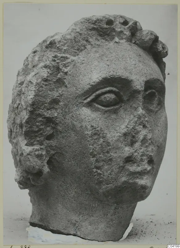 Stone head from Soli, with a large eye, rough surface and broken nose, photographed against a plain background.
