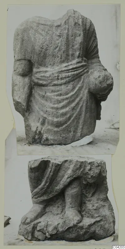 Stone sculpture from Soli: headless draped torso and, below, the lower draped body with feet, in two views.