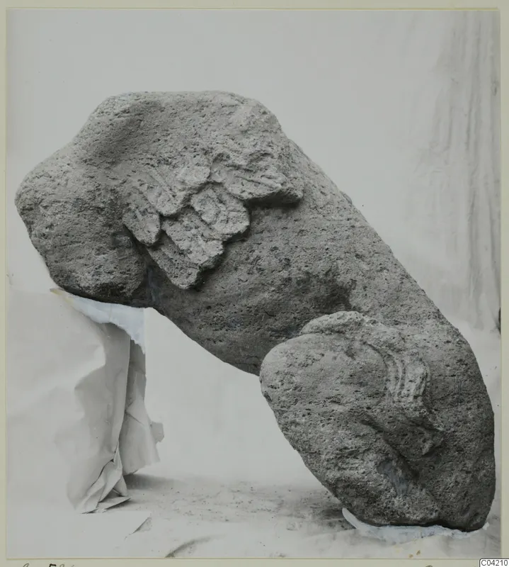 Stone sculpture fragment from Soli, porous grey stone with carved relief, photographed on a white cloth