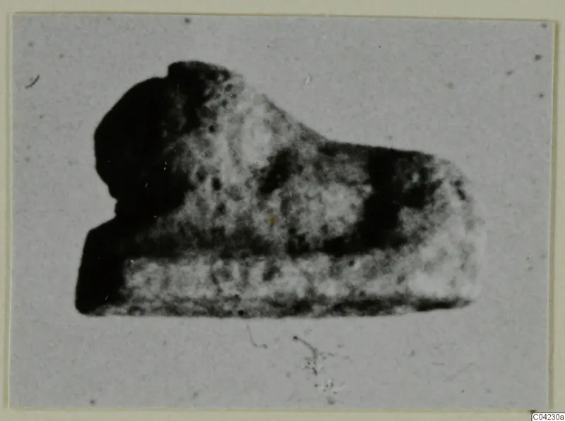 Blurred photograph of a small glyptic object, probably a seal or gem, mounted on a grey card