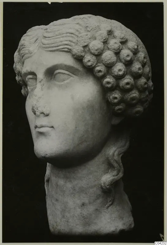 Marble head with wavy hair over the brow and rows of rounded curls at the side; the nose is chipped.