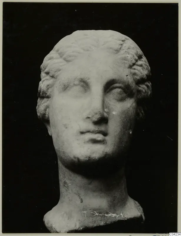 Marble head of a female figure against a dark background