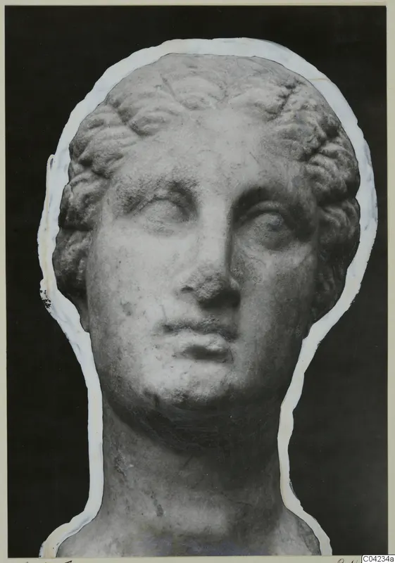 Marble sculpture of a head with curled hair, from the Soli finds, shown against a dark background