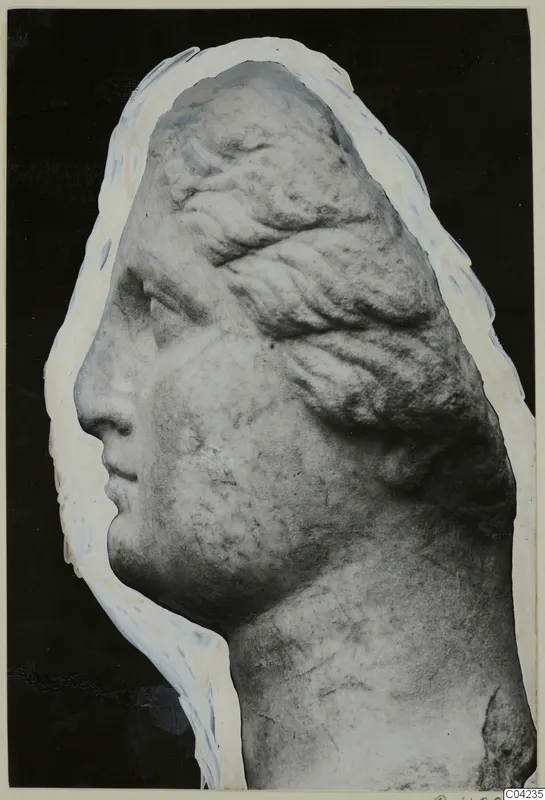 Marble head in profile facing left, with wavy hair swept back from the forehead, against a black background.