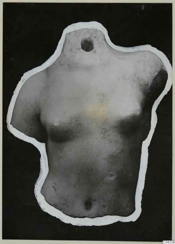 Torso fragment of a marble sculpture, cut out and mounted on black card with a white outline