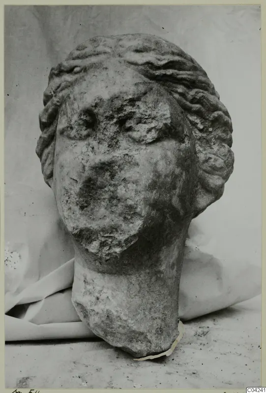 Marble head sculpture with wavy hair swept back, face worn and chipped, neck broken off at the base.